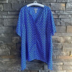 Catherines Blue White Print V Neck Short Sleeve‎ Button Up Shirt 2X 22/24W